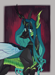 Size: 1900x2600 | Tagged: safe, artist:yuyusunshine, derpibooru import, queen chrysalis, changeling, abstract background, concave belly, lidded eyes, slim, solo, thin