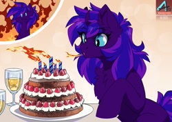 Size: 1100x778 | Tagged: safe, artist:arctic-fox, derpibooru import, oc, oc only, oc:tihan, pony, unicorn, cake, candle, food, solo, strawberry, whipped cream
