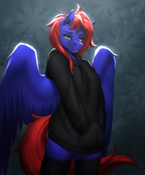 Size: 2500x3000 | Tagged: safe, artist:mykegreywolf, derpibooru import, oc, oc only, oc:shrapnel, anthro, pegasus, abstract background, anthro oc, bedroom eyes, clothes, female, hand in pocket, hands in pockets, looking at you, mare, solo, stockings, sweater, thigh highs, wings