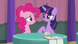 Size: 1280x720 | Tagged: safe, derpibooru import, screencap, pinkie pie, twilight sparkle, twilight sparkle (alicorn), alicorn, earth pony, pony, a trivial pursuit, bell, cute, diapinkes, looking at each other, looking at someone, notepad, twiabetes