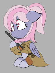 Size: 941x1255 | Tagged: safe, artist:sapphireponipone, derpibooru import, oc, oc:strawberry pristine, pegasus, equestria at war mod, clothes, female, freckles, gun, mare, ppsh-41, simple background, sitting, soviet, stalliongrad, submachinegun, uniform, weapon