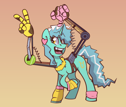 Size: 2700x2300 | Tagged: safe, artist:yarugreat, derpibooru import, lyra heartstrings, pony, unicorn, alternate hairstyle, gradient background, robotic arm, smiling, solo, spring, standing, teenager