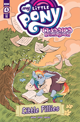 Size: 2063x3131 | Tagged: safe, derpibooru import, idw, rainbow dash, pegasus, pony, my little pony classics reimagined: little fillies, spoiler:comic, book, clothes, cloud, comic cover, dress, flower, grass, grass field, little women, outdoors, page, sunset, tree