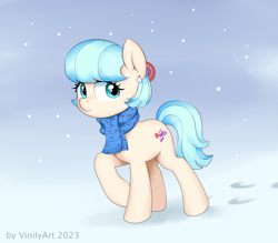 Size: 1436x1256 | Tagged: safe, artist:vinilyart, derpibooru import, coco pommel, earth pony, pony, clothes, cocobetes, cute, female, hoofprints, looking at you, mare, scarf, smiling, smiling at you, snow, snowfall, solo, walking