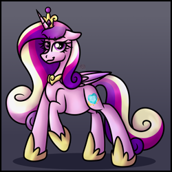 Size: 3000x3000 | Tagged: safe, artist:sadfloorlamp, derpibooru import, part of a series, part of a set, princess cadance, alicorn, pony, abdominal bulge, cadancepred, colored, colored wings, content, crown, digestion, digestion without weight gain, ears, eyebrows, eyebrows visible through hair, eyelashes, female, floppy ears, folded wings, frame, gradient background, gradient mane, gradient tail, gradient wings, happy, high res, hoof shoes, jewelry, lightly watermarked, long mane, looking at you, mare, mass vore, multiple prey, peytral, post-vore, princess shoes, raised hoof, raised leg, regalia, satisfied, shading, slim, smiling, smug, smugdance, solo, standing, striped mane, striped tail, stuffed, stuffed belly, tail, thin, unknown prey, vore, wall of tags, watermark, wings