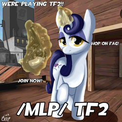 Size: 2000x2000 | Tagged: safe, artist:beep, derpibooru import, edit, moonlight raven, pony, unicorn, /mlp/ tf2 general, 2fort, faggot, glowing, glowing horn, gun, handgun, high res, horn, magic, magic aura, revolver, slur, team fortress 2, telekinesis, text, vulgar, weapon