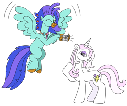 Size: 2612x2168 | Tagged: safe, artist:supahdonarudo, derpibooru import, fleur-de-lis, oc, oc:sea lilly, classical hippogriff, hippogriff, pony, unicorn, camera, flying, holding, jewelry, necklace, one eye closed, posing for photo, redraw, simple background, taking a photo, transparent background