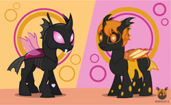 Size: 1363x836 | Tagged: safe, artist:wheatley r.h., derpibooru exclusive, derpibooru import, oc, oc only, oc:lara, oc:w. rhinestone eyes, changeling, bat wings, changeling oc, female, happy, honeypot changeling, male, mare, orange changeling, pink changeling, rule 63, simple background, stallion, vector, watermark, wheatlette, wings