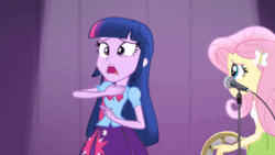 Size: 520x293 | Tagged: safe, derpibooru import, screencap, fluttershy, twilight sparkle, human, equestria girls, rainbow rocks, animated, blinking, butterfly hairpin, choking, concerned, duo, duo female, eyebrows, eyeshadow, female, frown, gif, hitting, looking at each other, looking at someone, makeup, microphone, musical instrument, open mouth, smiling, tambourine, teeth