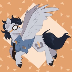 Size: 1080x1080 | Tagged: safe, artist:loaf, derpibooru import, soarin', pegasus, pony, abstract background, clothes, cutie mark, flying, goggles, male, necktie, solo, spread wings, stallion, wings