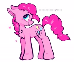 Size: 2048x1725 | Tagged: safe, artist:spookyfoxinc, derpibooru import, pinkie pie, earth pony, pony, chest fluff, cute, floating heart, heart, heart eyes, ponk, simple background, solo, white background, wingding eyes