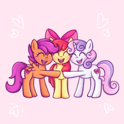 Size: 944x944 | Tagged: safe, artist:memethyst-art, derpibooru import, apple bloom, scootaloo, sweetie belle, earth pony, pegasus, pony, unicorn, apple bloom's bow, bow, cutie mark crusaders, eyes closed, februpony, female, filly, foal, hair bow, heart, hoofbump, open mouth, open smile, pink background, simple background, smiling, trio