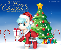 Size: 1795x1487 | Tagged: safe, artist:vinilyart, derpibooru import, coco pommel, earth pony, pony, boots, candy, candy cane, christmas, christmas tree, clothes, cocobetes, costume, cute, female, food, hat, holding, holiday, holly, looking at you, mare, merry christmas, present, santa costume, santa hat, shoes, snow, solo, starry night, text, tree