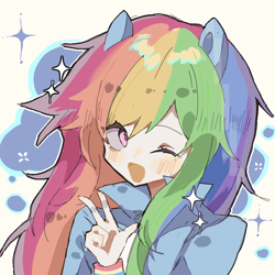 Size: 1080x1080 | Tagged: safe, artist:翅膀63, derpibooru import, rainbow dash, human, eared humanization, humanized, light skin, one eye closed, solo, sparkles, wink