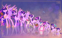 Size: 2048x1245 | Tagged: safe, artist:千雲九枭, derpibooru import, princess twilight 2.0, twilight sparkle, twilight sparkle (alicorn), unicorn twilight, alicorn, pony, unicorn, the last problem, abstract background, age progression, bag, book, concave belly, crown, diaper, egg, ethereal mane, ethereal tail, eyes closed, female, filly, filly twilight sparkle, foal, height difference, hoof shoes, jewelry, letter, magic, mare, older, older twilight, peytral, quill, raised hoof, raised leg, reflection, regalia, saddle bag, scroll, sitting, size difference, slim, solo, spike's egg, spread wings, standing, tail, tall, telekinesis, thin, wings, younger