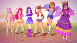 Size: 1920x1080 | Tagged: safe, artist:mtakara, derpibooru import, applejack, fluttershy, pinkie pie, rainbow dash, rarity, twilight sparkle, human, 3d, alternate hairstyle, anime, applejack's hat, bare shoulders, barefoot, clothes, cowboy hat, feet, grass, hat, humanized, koikatsu, light skin, mane six, sleeveless, tan skin, winged humanization, wings