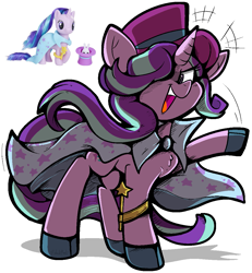 Size: 1051x1137 | Tagged: safe, artist:malachimoet, derpibooru import, angel bunny, starlight glimmer, pony, rabbit, unicorn, accessory swap, animal, cape, clothes, female, hat, magic wand, magician, magician outfit, mare, one eye covered, open mouth, raised hoof, raised leg, reference used, simple background, smiling, solo, stars, the great and powerful, top hat, toy, toy interpretation, white background