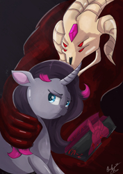 Size: 2480x3508 | Tagged: safe, artist:wolfcube333, derpibooru import, fhtng th§ ¿nsp§kbl, oleander, demon, unicorn, them's fightin' herds, book, community related, duo, female, frown, male, sad, signature, unicornomicon