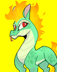 Size: 652x821 | Tagged: safe, artist:quakittyquak, derpibooru import, tianhuo, dragon, hybrid, longma, them's fightin' herds, bust, community related, female, forked tongue, portrait, simple background, solo, tongue, tongue out, yellow background