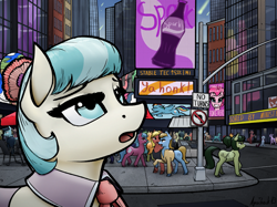 Size: 2217x1662 | Tagged: safe, artist:apocheck13, derpibooru import, coco pommel, earth pony, pony, fallout equestria, city, downtown, looking up, manehattan, ministry of morale, pinkie pie is watching you, pre war, pre-war, prewar, road sign, scenery, skyscraper, sparkle cola