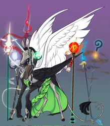 Size: 897x1024 | Tagged: safe, artist:witherslayer73, derpibooru import, oc, alicorn, alicorn oc, glowing, glowing horn, gradient background, horn, leonine tail, long ears, long horn, long legs, magic, multiple wings, solo, spear, tail, telekinesis, weapon, wings