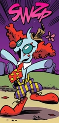 Size: 640x1334 | Tagged: safe, artist:andypriceart, derpibooru import, idw, ocellus, changedling, changeling, g4, spoiler:comic, spoiler:comic71, clothes, clown, clown makeup, clown nose, clown shoes, clown wig, costume, female, hat, necktie, nightmare night costume, onomatopoeia, red nose, solo