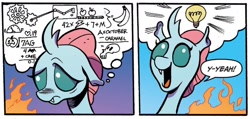 Size: 1334x635 | Tagged: safe, artist:andypriceart, derpibooru import, idw, ocellus, changedling, changeling, g4, spoiler:comic, spoiler:comic71, dialogue, female, fire, gradient background, lightbulb, solo, speech bubble, thought bubble, thoughts