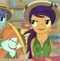 Size: 925x941 | Tagged: safe, derpibooru import, screencap, compass course, peach fuzz, pony, daring doubt, background pony, book, bookshelf, clothes, cosplay, costume, endeavour, father and child, father and daughter, female, filly, foal, hat, male, parent and child, pith helmet, stallion