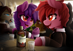 Size: 3400x2400 | Tagged: safe, artist:rainbowfire, derpibooru import, oc, oc only, alicorn, earth pony, pegasus, pony, unicorn, alcohol, bap, bar, clothes, complex background, conversation, crowd, cute, dialogue, female, glasses, grin, horn, jacket, jewelry, mare, open mouth, peaky blinders, smiling, smokescreen, tuxedo, whiskey, wings