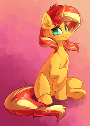 Size: 2528x3544 | Tagged: safe, artist:witchtaunter, derpibooru import, sunset shimmer, pony, unicorn, chest fluff, commission, commissioner:reversalmushroom, cute, ear fluff, ears, female, gradient background, looking at you, mare, raised hoof, raised leg, shimmerbetes, shoulder fluff, sitting, sitting pretty, smiling, solo, underhoof