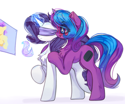 Size: 4096x3394 | Tagged: safe, artist:jfrxd, derpibooru import, rarity, oc, oc:scribble script, pony, unicorn, blindfold, canon x oc, chest fluff, duo, female, glasses, glowing, glowing horn, high res, horn, lesbian, levitation, magic, magic aura, pin the tail on the pony, simple background, telekinesis, white background