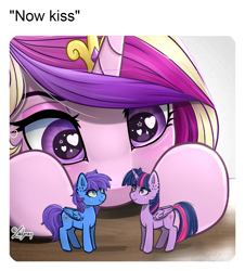 Size: 1084x1200 | Tagged: safe, artist:lailyren, derpibooru import, princess cadance, twilight sparkle, twilight sparkle (alicorn), oc, oc:nova twinkle, alicorn, canon x oc, cute, cutedance, heart, heart eyes, meme, now kiss, princess of shipping, shipping, wingding eyes