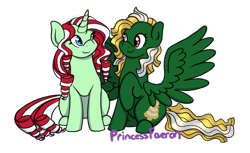 Size: 1280x783 | Tagged: safe, artist:princessfaeron, derpibooru import, oc, oc:fairy lights, oc:tinsel, pegasus, pony, unicorn, female, mare, simple background, transparent background