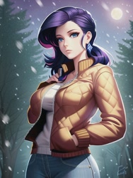 Size: 512x682 | Tagged: safe, derpibooru import, editor:sammykun, generator:novelai, generator:stable diffusion, machine learning generated, rarity, human, equestria girls, beautiful, breasts, clothes, denim, female, forest, humanized, jacket, jeans, looking at you, pants, pockets, raritits, reference used, smiling, solo, varsity jacket