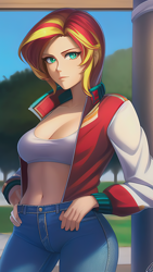 Size: 864x1536 | Tagged: safe, derpibooru import, editor:sammykun, generator:novelai, generator:stable diffusion, machine learning generated, sunset shimmer, human, equestria girls, beautiful, clothes, column, denim, female, humanized, jacket, jeans, looking at you, midriff, pants, pockets, reference used, smiling, solo, varsity jacket