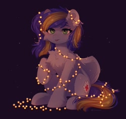 Size: 2056x1946 | Tagged: safe, artist:floweryoutoday, derpibooru import, oc, oc only, pegasus, pony, chest fluff, ear fluff, ears, eyebrows, eyebrows visible through hair, solo, string lights, tangled up, tongue, tongue out