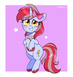 Size: 3100x3300 | Tagged: safe, artist:darkynez, derpibooru import, oc, oc only, oc:cinnamon lightning, pony, unicorn, bell, bell collar, blushing, bow, collar, ears, floppy ears, grin, hair bow, looking at you, smiling, solo