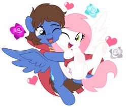 Size: 4096x3450 | Tagged: safe, artist:jhayarr23, derpibooru import, oc, oc only, oc:bizarre song, oc:sugar morning, pegasus, pony, female, happy, heart, hug, hug from behind, male, mare, oc x oc, one eye closed, shipping, simple background, spread wings, stallion, straight, sugarre, white background, wings