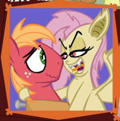 Size: 435x440 | Tagged: safe, alternate version, artist:brutamod, derpibooru import, edit, big macintosh, fluttershy, bat pony, earth pony, pony, bat ponified, bedroom eyes, cropped, fangs, female, flutterbat, fluttermac, forked tongue, hoof around neck, looking at each other, looking at someone, male, race swap, shipping, smiling, straight, textless, textless edit, tongue, tongue out, wavy mouth