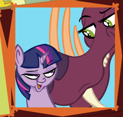 Size: 460x436 | Tagged: safe, alternate version, artist:brutamod, derpibooru import, edit, twilight sparkle, twilight sparkle (alicorn), alicorn, pony, bedroom eyes, crack shipping, cropped, female, interspecies, looking at each other, looking at someone, mare, shipping, text, textless, textless edit, tri-horned bunyip