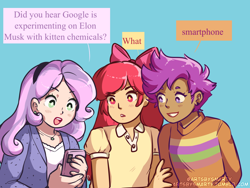 Size: 1280x960 | Tagged: safe, artist:smartasticalart, derpibooru import, apple bloom, scootaloo, sweetie belle, human, apple bloom's bow, bow, cellphone, cutie mark crusaders, dialogue, google experimenting on elon musk with kitten chemicals, hair bow, humanized, light blue background, meme, phone, ponymagnets, simple background, smartphone, speech bubble