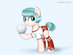 Size: 1072x812 | Tagged: safe, artist:vinilyart, derpibooru import, not coco, oc, oc only, oc:adis, earth pony, pony, ball, clothes, female, grin, hairclip, holding, hoof shoes, light blue background, looking at you, mare, shirt, shoes, shorts, simple background, smiling, smiling at you, sneakers, socks, solo, sports, sports outfit, sports shorts, volleyball, white background