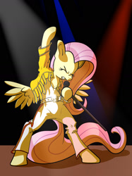 Size: 1280x1707 | Tagged: safe, artist:annacurser, derpibooru import, fluttershy, pegasus, pony, belt, bipedal, chest fluff, clothes, epic, eyes closed, female, freddie mercury, gritted teeth, jacket, mare, microphone, open clothes, open jacket, pants, parody, queen (band), raised hoof, raised leg, shirt, solo, spotlight, teeth