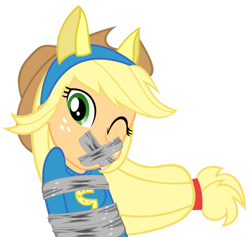 Size: 918x871 | Tagged: safe, artist:gaggeddude32, derpibooru import, applejack, human, equestria girls, female, gag, image, png, simple background, solo, tape, tape gag, transparent background