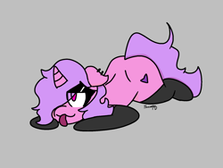 Size: 1600x1200 | Tagged: safe, artist:scarlet-gore, derpibooru import, oc, oc only, oc:pastel crystal, pony, unicorn, ass up, begging, black socks, clothes, dimples of venus, ear piercing, ears, floppy ears, heart, horn, lying down, on floor, one ear down, original character do not steal, piercing, pink, purple, socks, submissive, sultry pose, thick, thighs, thunder thighs, tongue, tongue out, unicorn oc