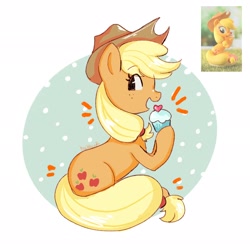 Size: 2048x2048 | Tagged: safe, artist:haibiscuits, derpibooru import, applejack, earth pony, pony, cupcake, emanata, female, food, hoof hold, mare, open mouth, open smile, simple background, sitting, smiling, solo, toy interpretation, white background