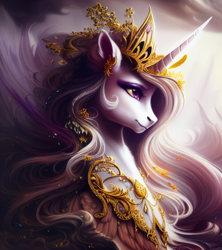 Size: 1024x1152 | Tagged: safe, derpibooru import, editor:siber, generator:purplesmart.ai, generator:stable diffusion, machine learning generated, princess celestia, alicorn, pony, bust, female, jewelry, mare, portrait, solo, the quality of ai art is frightening