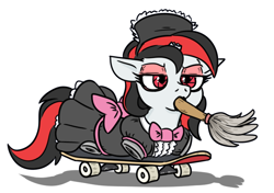 Size: 712x502 | Tagged: safe, artist:jargon scott, derpibooru import, oc, oc:blackjack, pony, unicorn, fallout equestria, fallout equestria: project horizons, amputee, broken horn, clothes, duster, fanfic art, female, horn, lidded eyes, maid, mare, mouth hold, quadruple amputee, sausagejack, simple background, skateboard, solo, white background