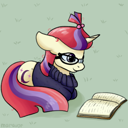 Size: 500x500 | Tagged: safe, artist:maravor, derpibooru import, moondancer, pony, unicorn, book, clothes, ears, female, floppy ears, glasses, lying down, mare, ponyloaf, prone, reading, smiling, solo, sweater