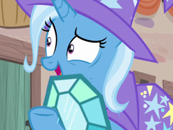 Size: 2048x1536 | Tagged: safe, derpibooru import, edit, edited screencap, screencap, trixie, pony, unicorn, season 6, to where and back again, brooch, cape, clothes, female, gem, hat, jewelry, mare, nervous, open mouth, pinpoint eyes, raised hoof, raised leg, random, silly, solo, trixie's brooch, trixie's cape, trixie's hat